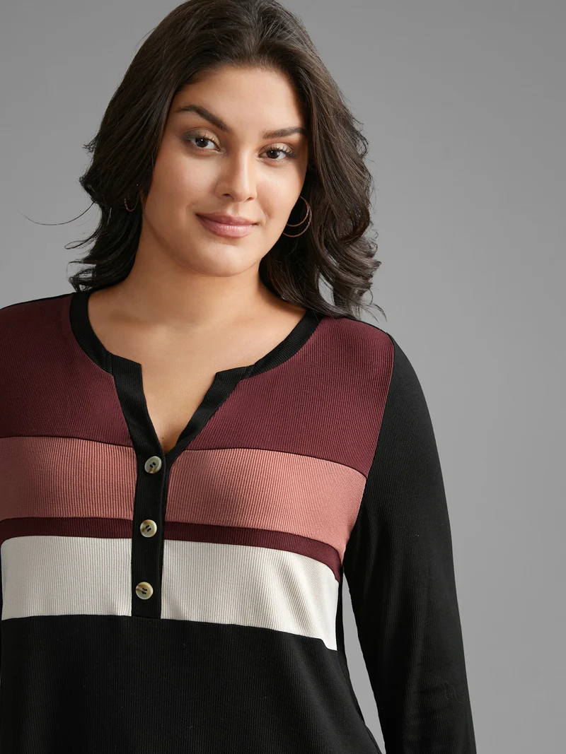 Notched Collar Contrast Patchwork Button Up T-shirt
