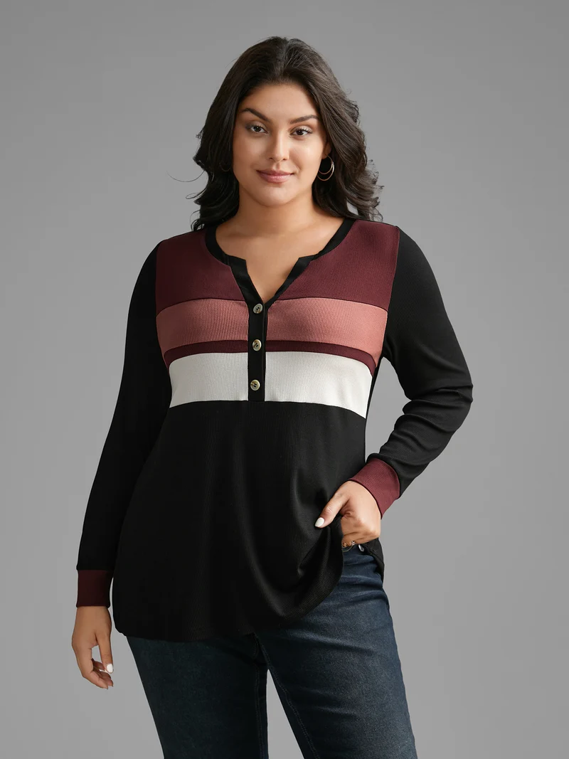 Notched Collar Contrast Patchwork Button Up T-shirt