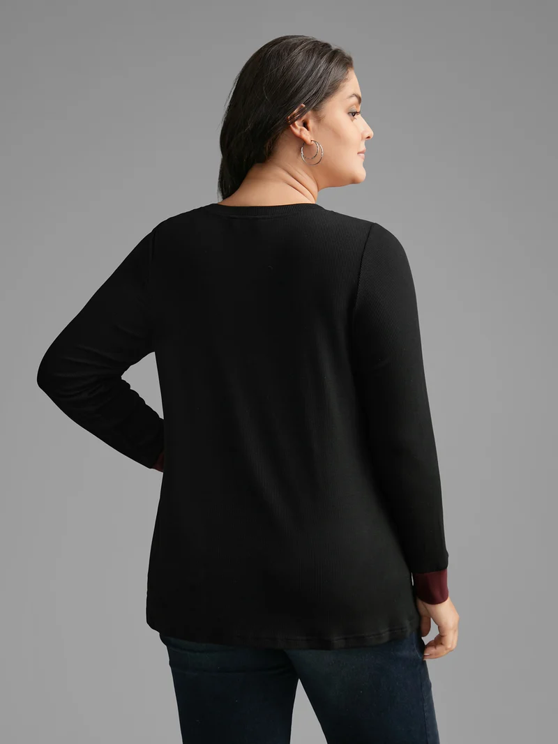 Notched Collar Contrast Patchwork Button Up T-shirt