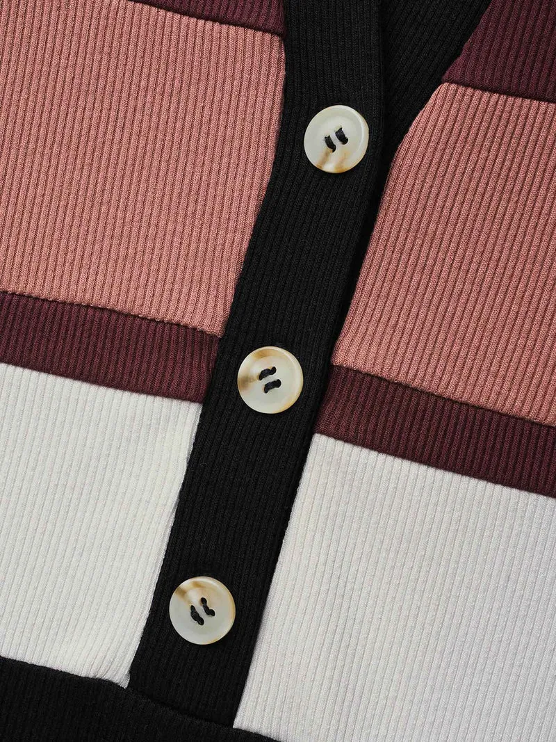 Notched Collar Contrast Patchwork Button Up T-shirt