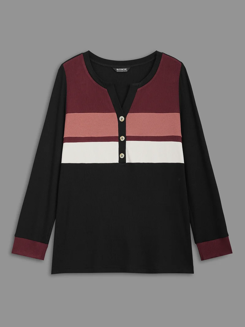 Notched Collar Contrast Patchwork Button Up T-shirt
