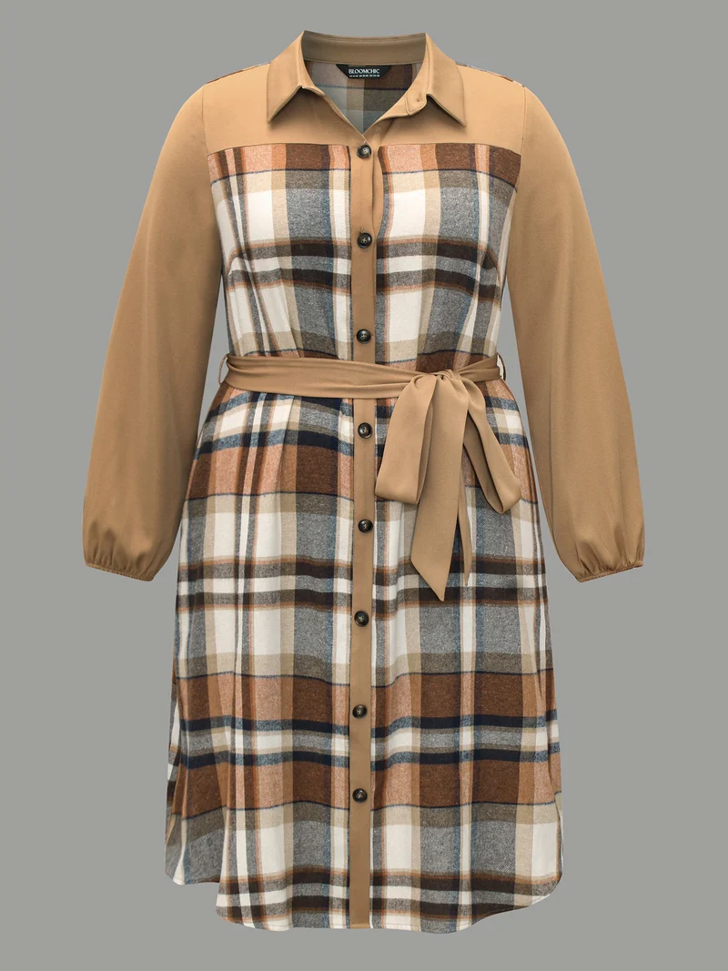 Shirt Collar Plaid Patchwork Belted Dress