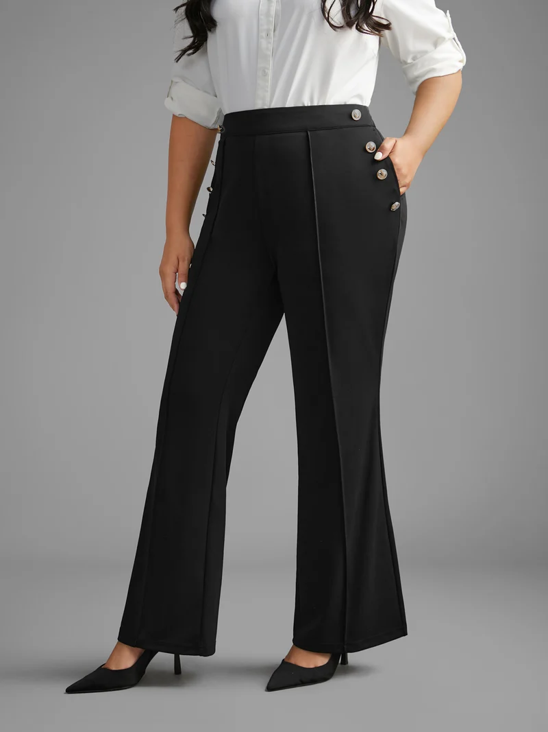 Stretchy Woven Button Detail Bootcut Pants