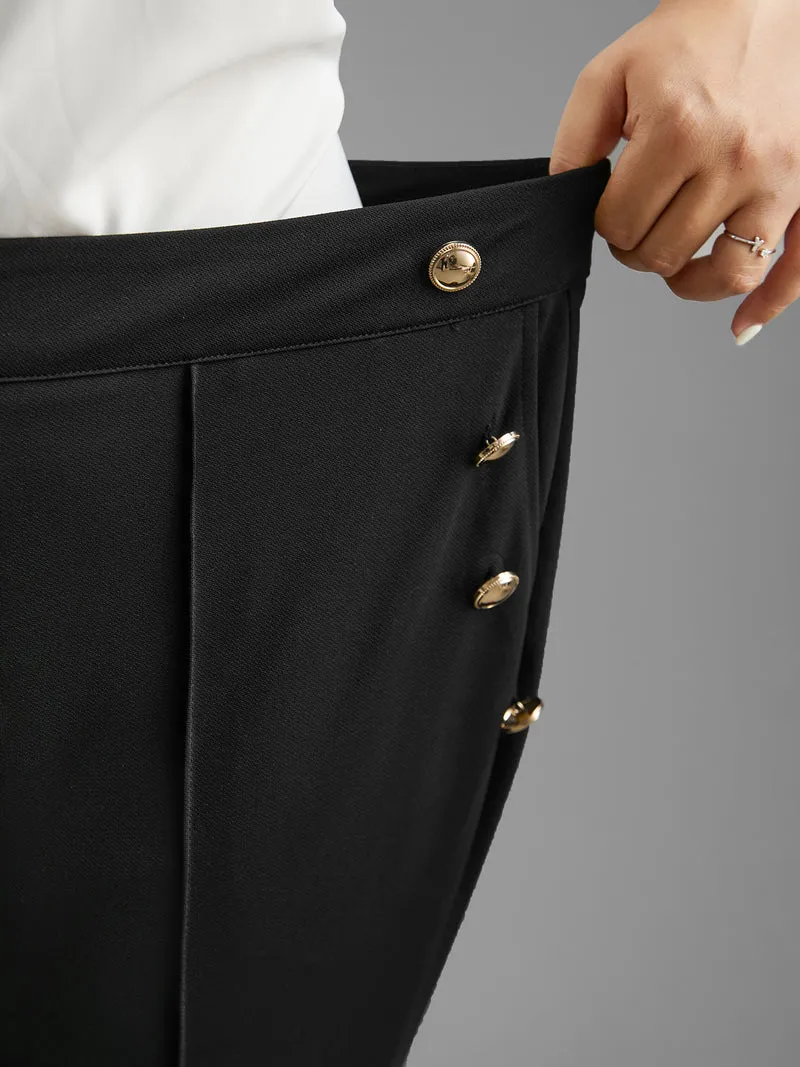 Stretchy Woven Button Detail Bootcut Pants
