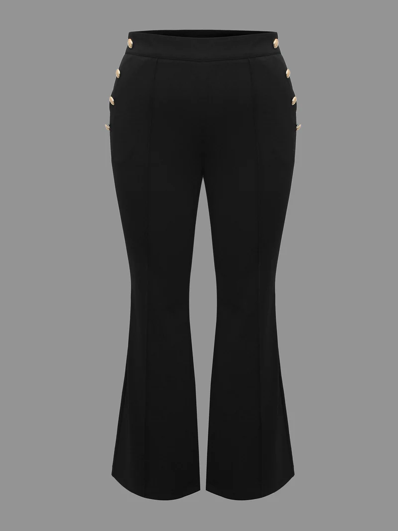 Stretchy Woven Button Detail Bootcut Pants