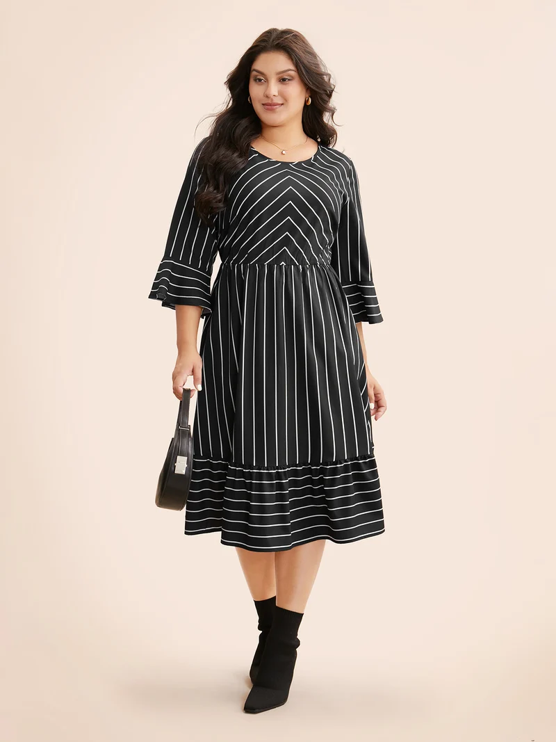 Striped Flutter Sleeve Midi Dress