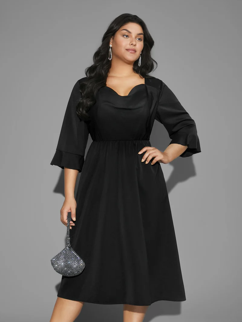 Cowl Neck Ruffle Sleeve Midi Dress