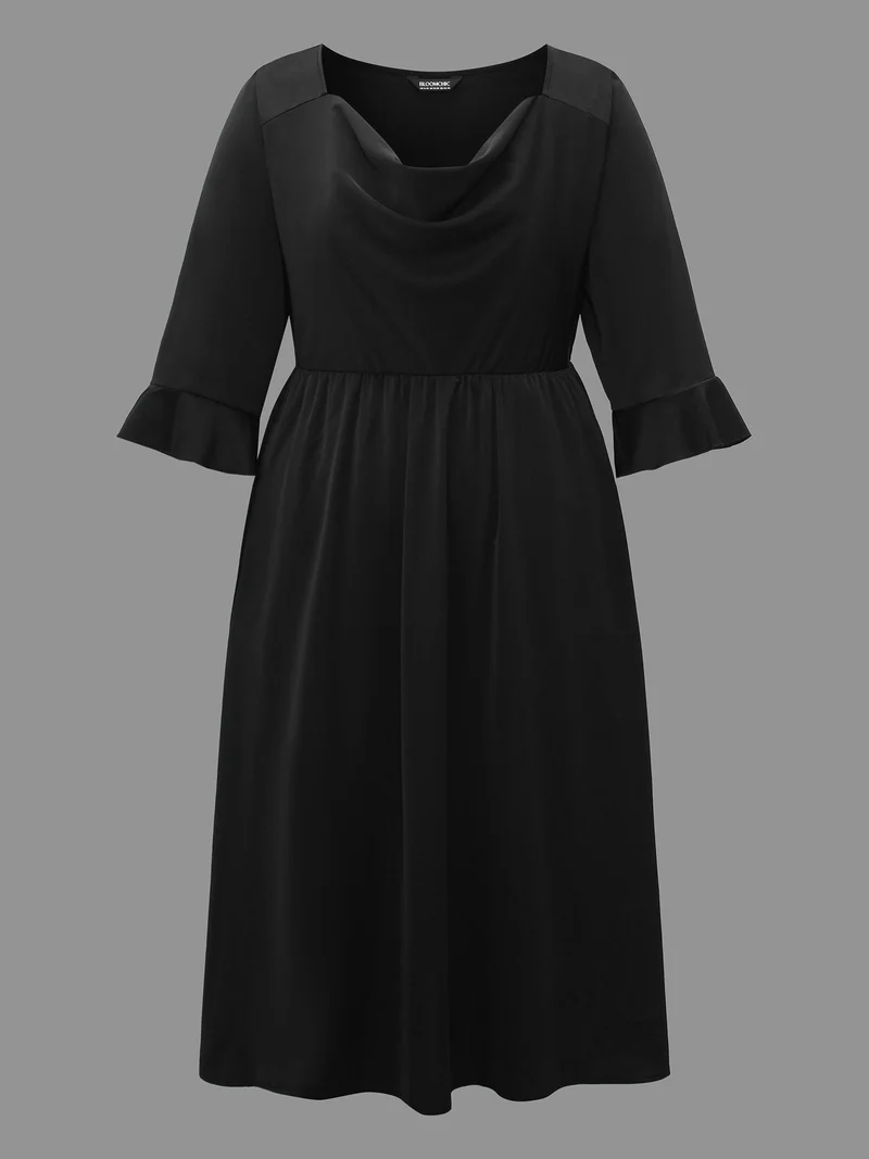 Cowl Neck Ruffle Sleeve Midi Dress