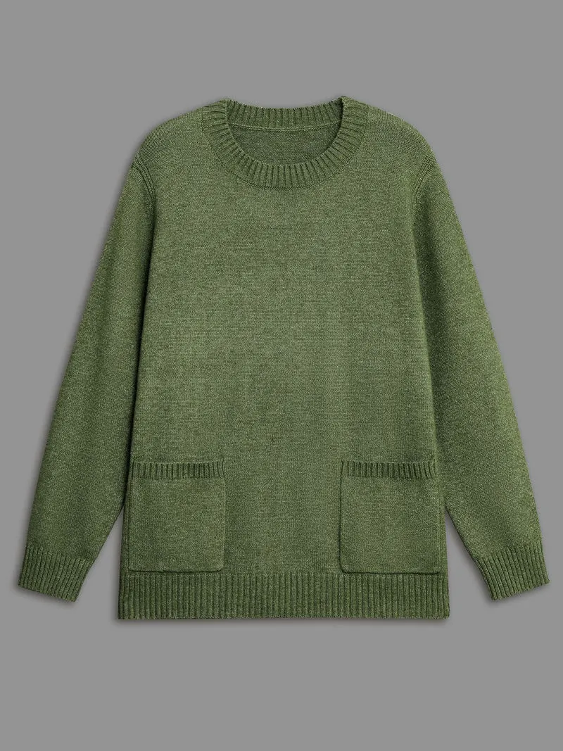 Plain Round Neck Patched Pocket Pullover