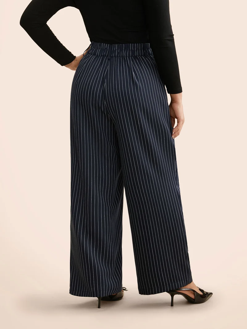 Striped Button Detail Mid Rise Wide Leg Pants