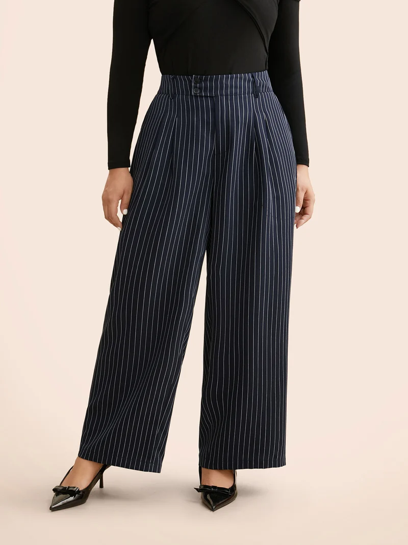 Striped Button Detail Mid Rise Wide Leg Pants