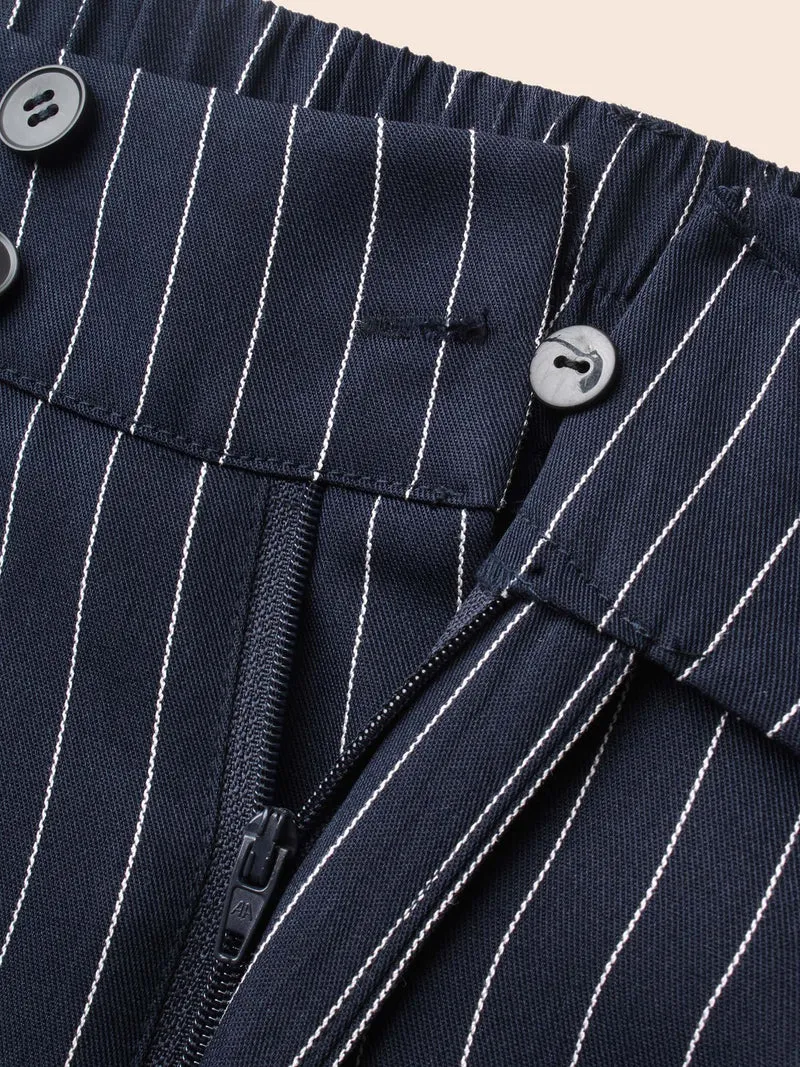 Striped Button Detail Mid Rise Wide Leg Pants