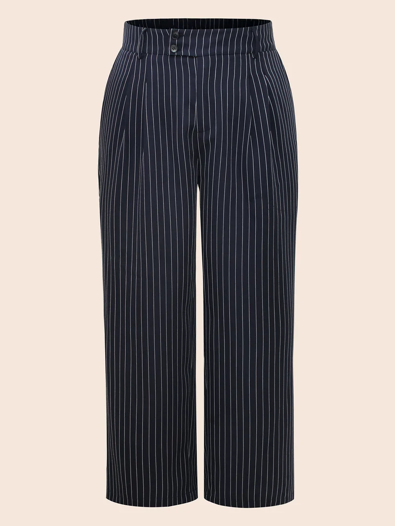 Striped Button Detail Mid Rise Wide Leg Pants