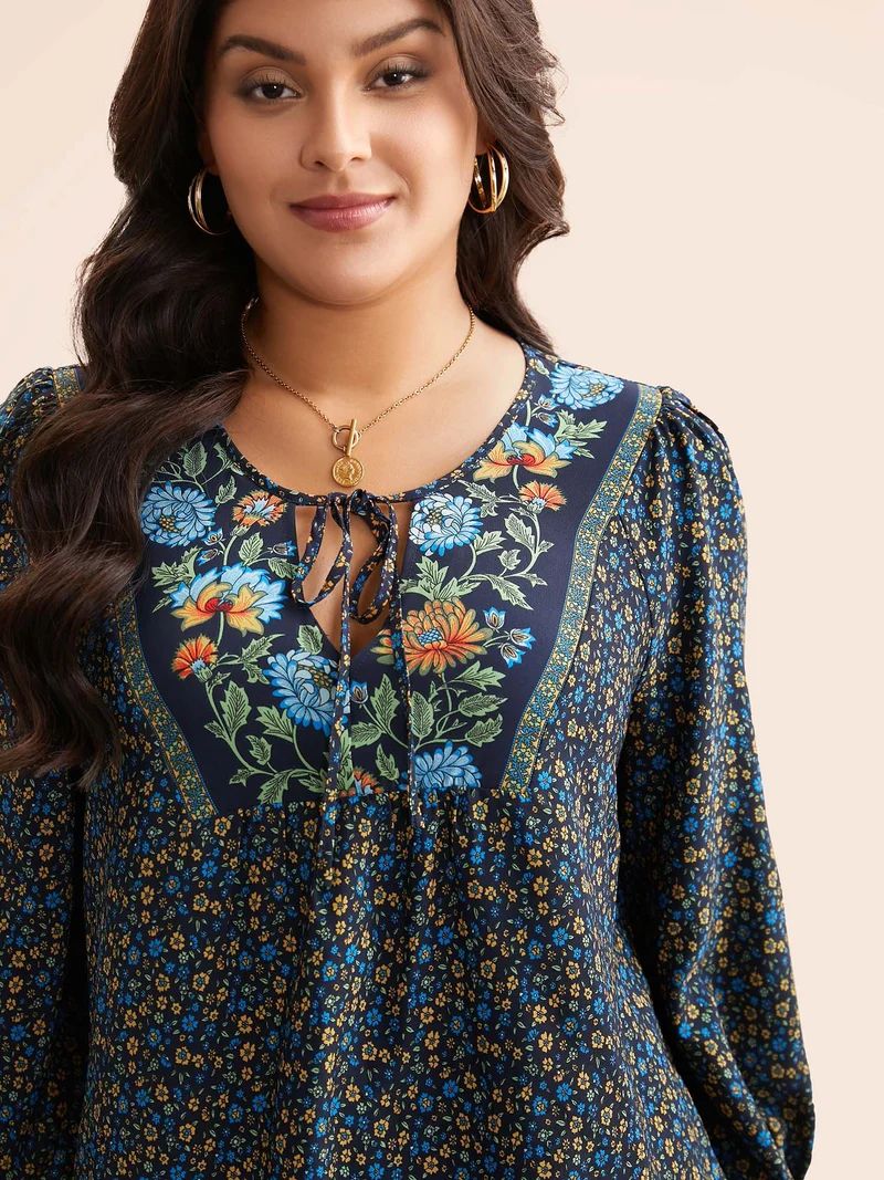 Bandana Print V Neck Shirred Blouse
