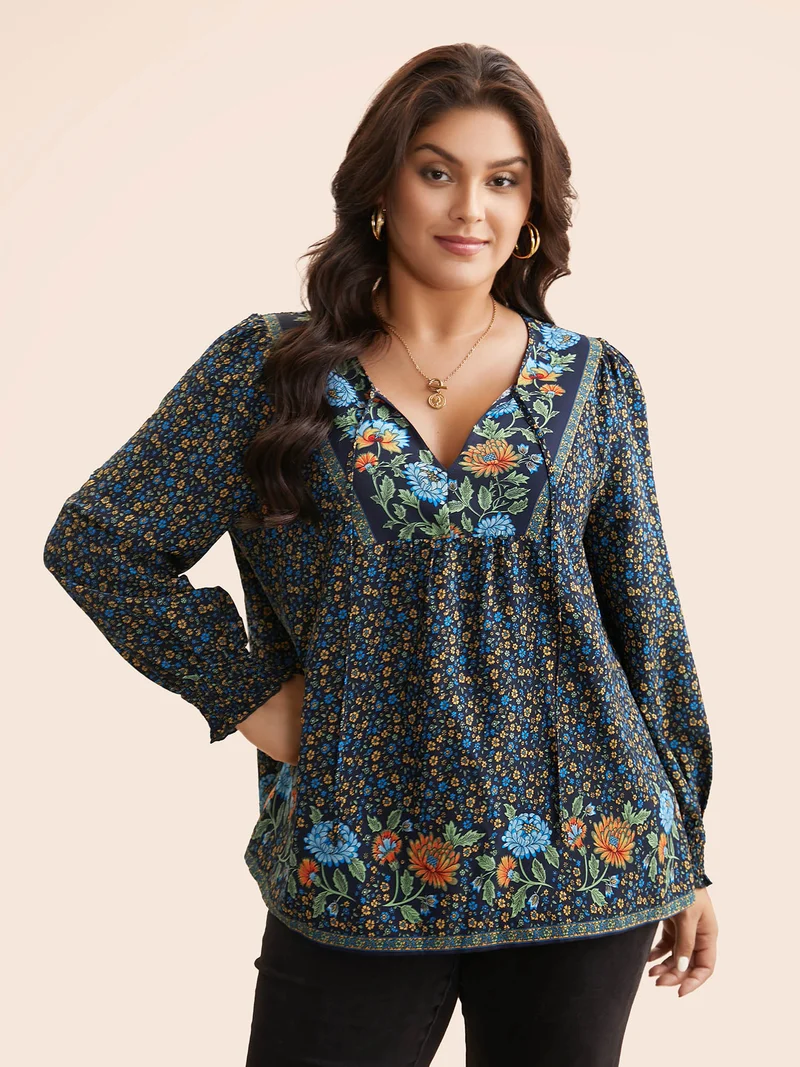 Bandana Print V Neck Shirred Blouse
