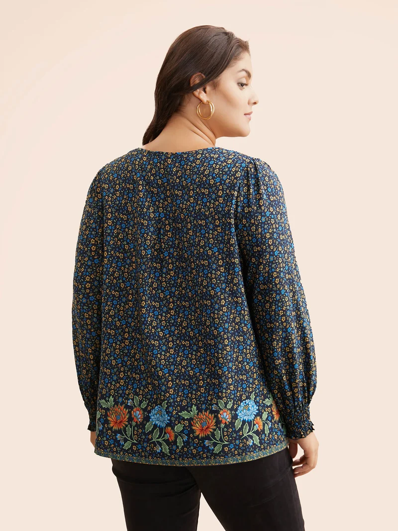 Bandana Print V Neck Shirred Blouse