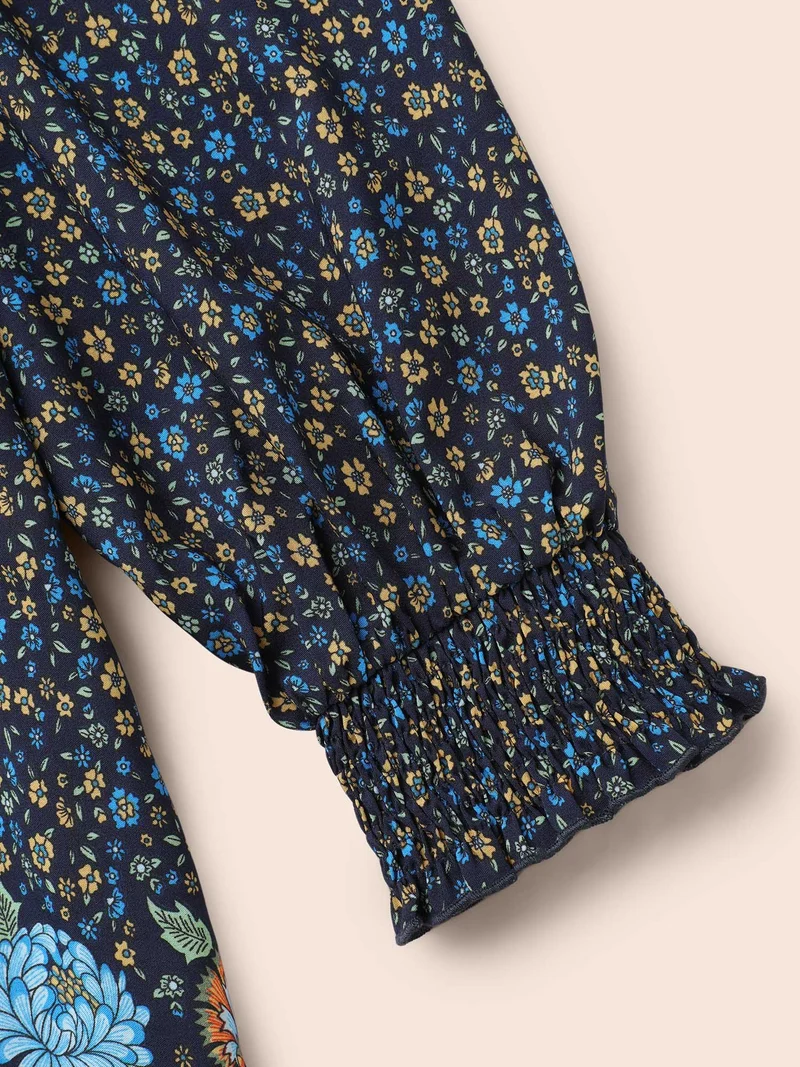 Bandana Print V Neck Shirred Blouse