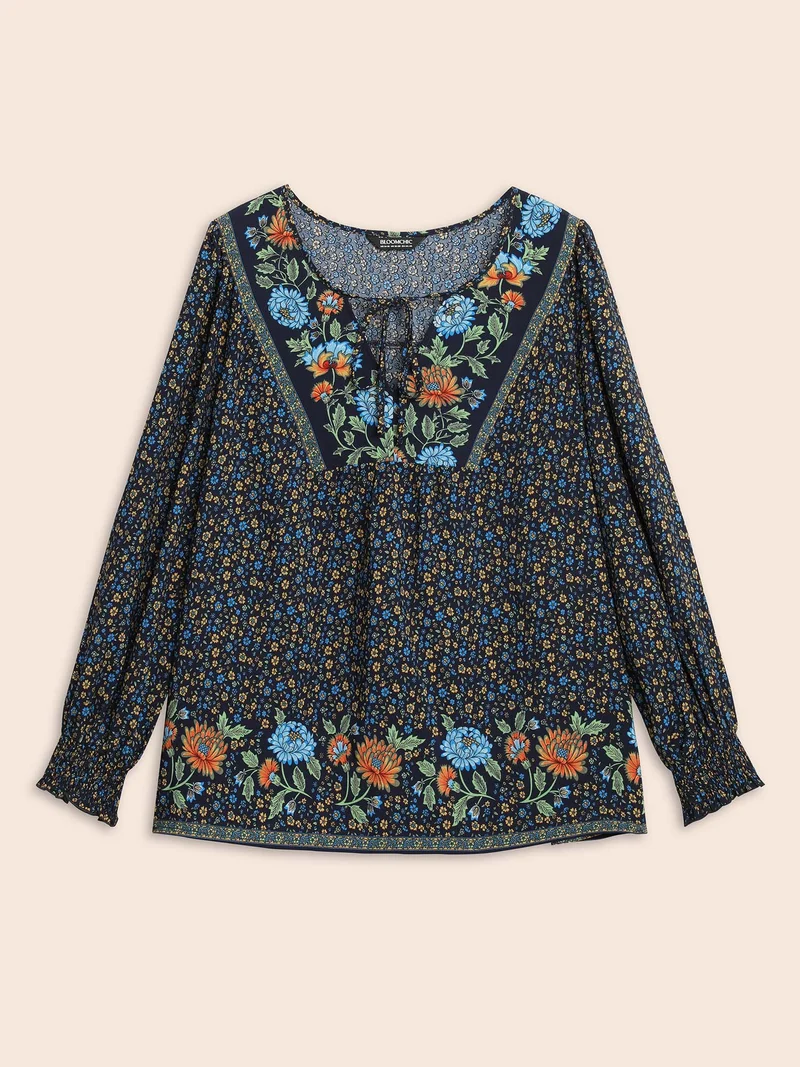 Bandana Print V Neck Shirred Blouse