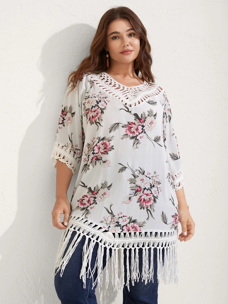 Floral Print Crochet Fringe Hem Swim Cover-Up