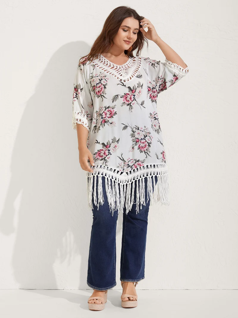 Floral Print Crochet Fringe Hem Swim Cover-Up