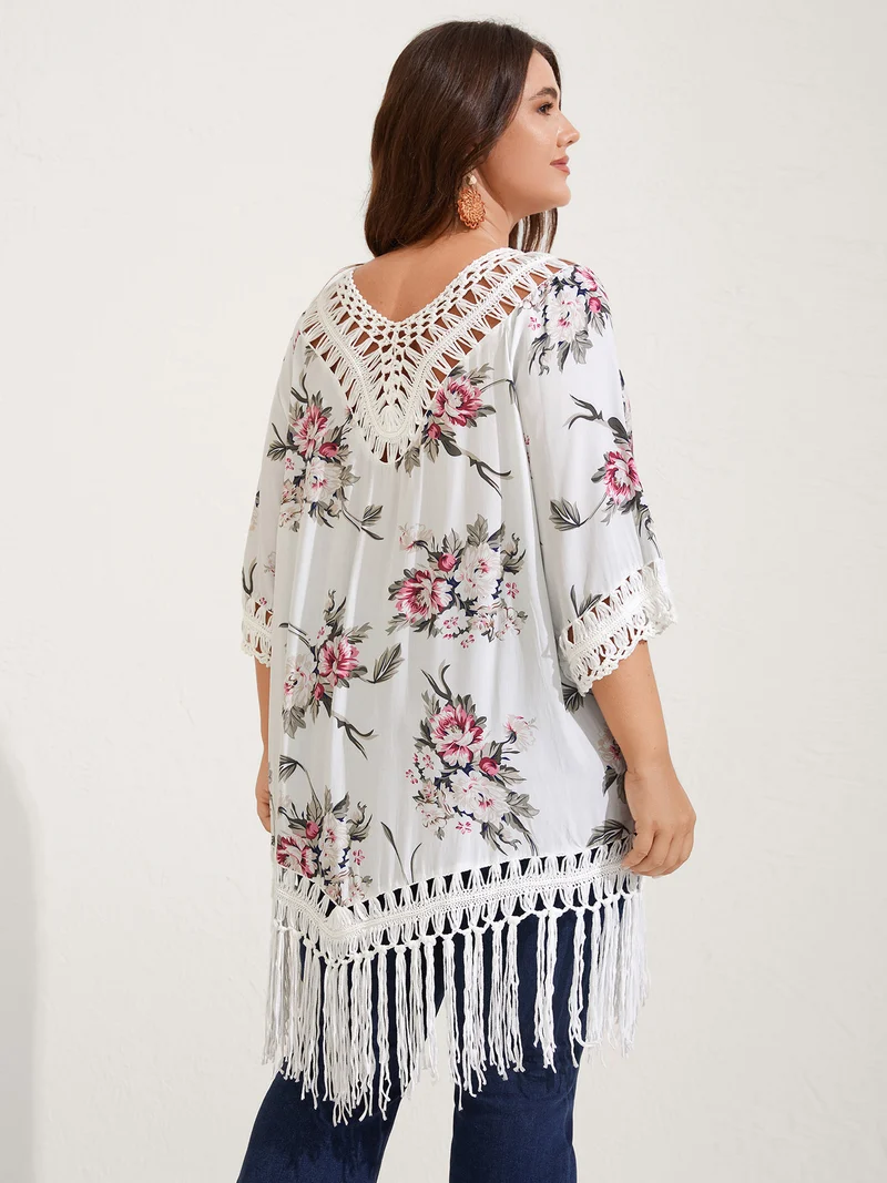 Floral Print Crochet Fringe Hem Swim Cover-Up