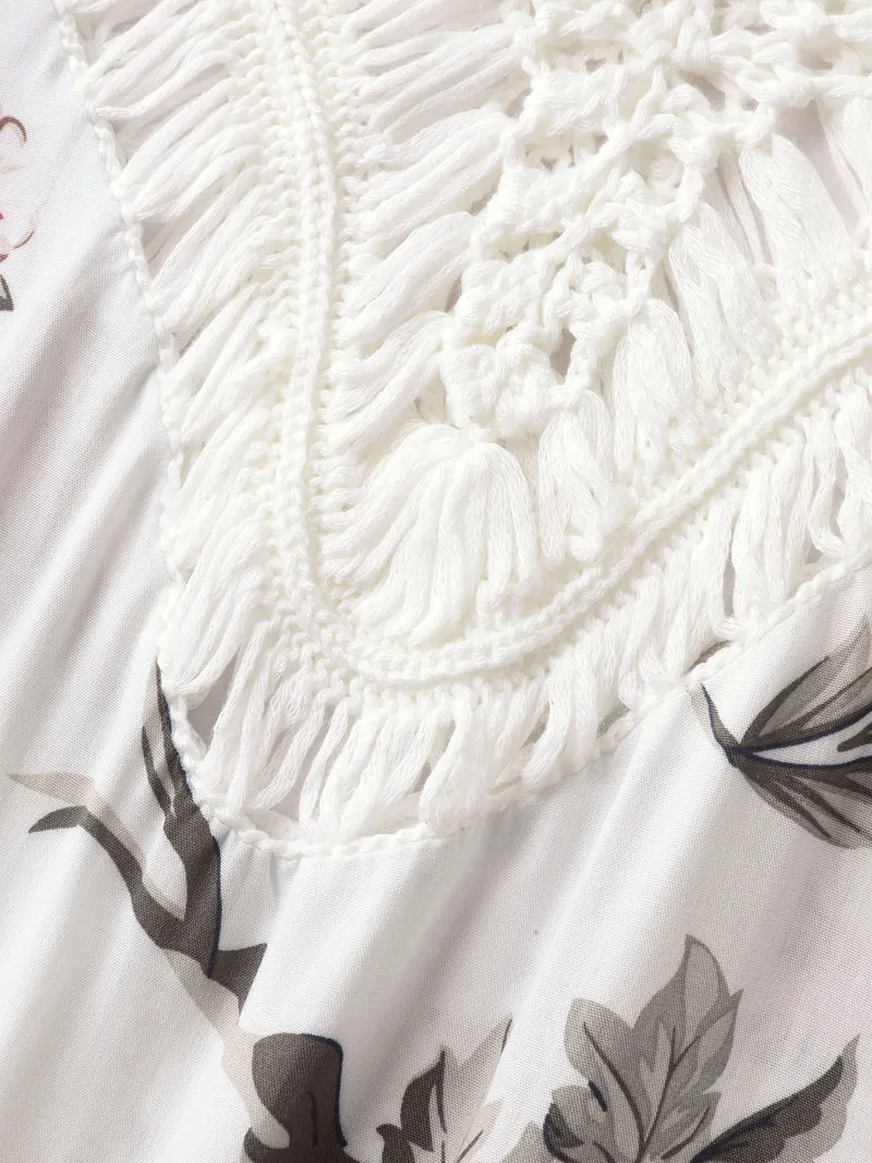Floral Print Crochet Fringe Hem Swim Cover-Up
