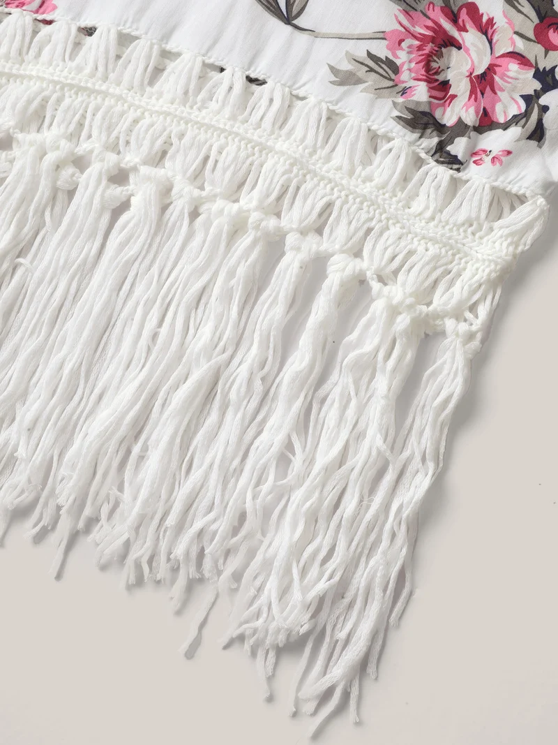 Floral Print Crochet Fringe Hem Swim Cover-Up