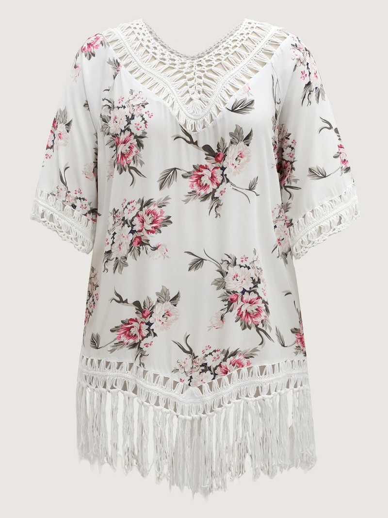 Floral Print Crochet Fringe Hem Swim Cover-Up