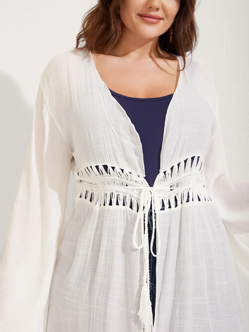 Crochet Lace-Up Tassel Tie Swim Cover-Up