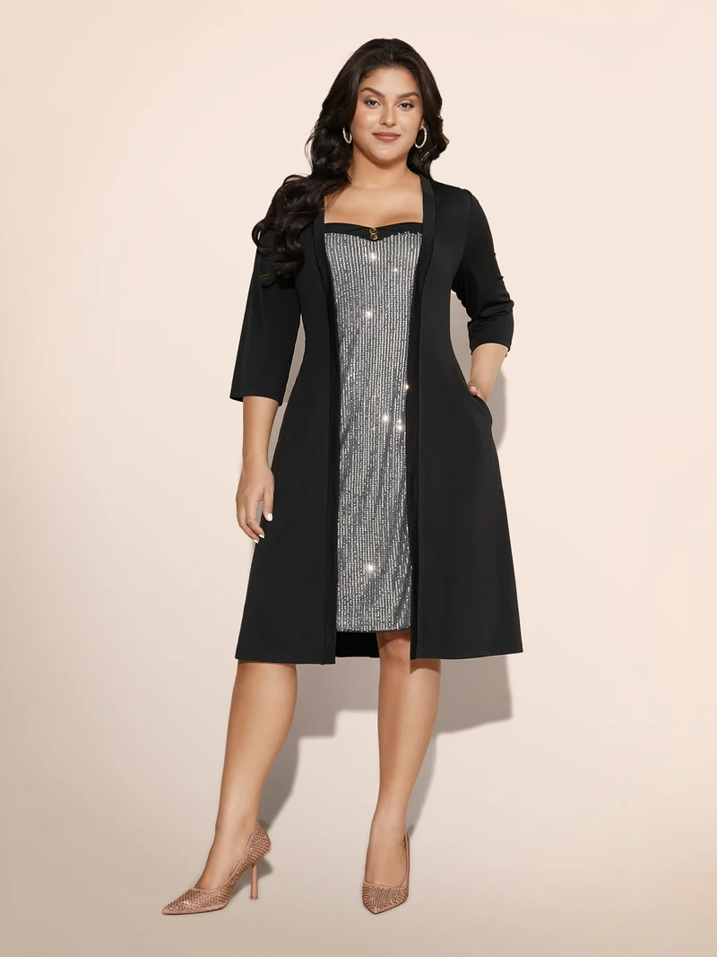 Heart Neckline Patchwork Sequin Button Detail Dress