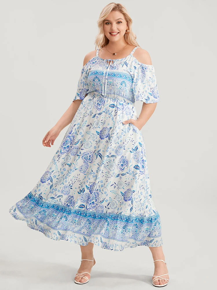 Off Shoulder Tie Neck Floral Print Midi Dress