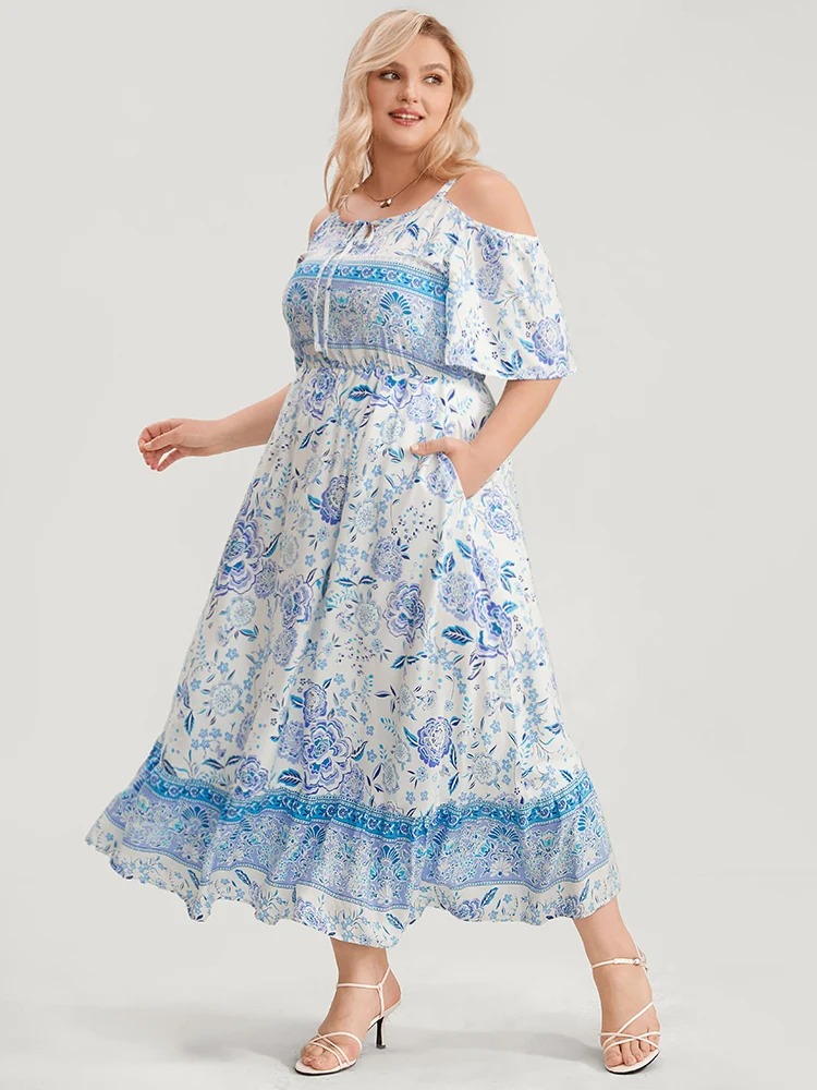 Off Shoulder Tie Neck Floral Print Midi Dress