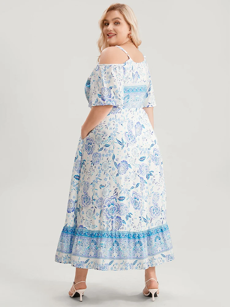 Off Shoulder Tie Neck Floral Print Midi Dress