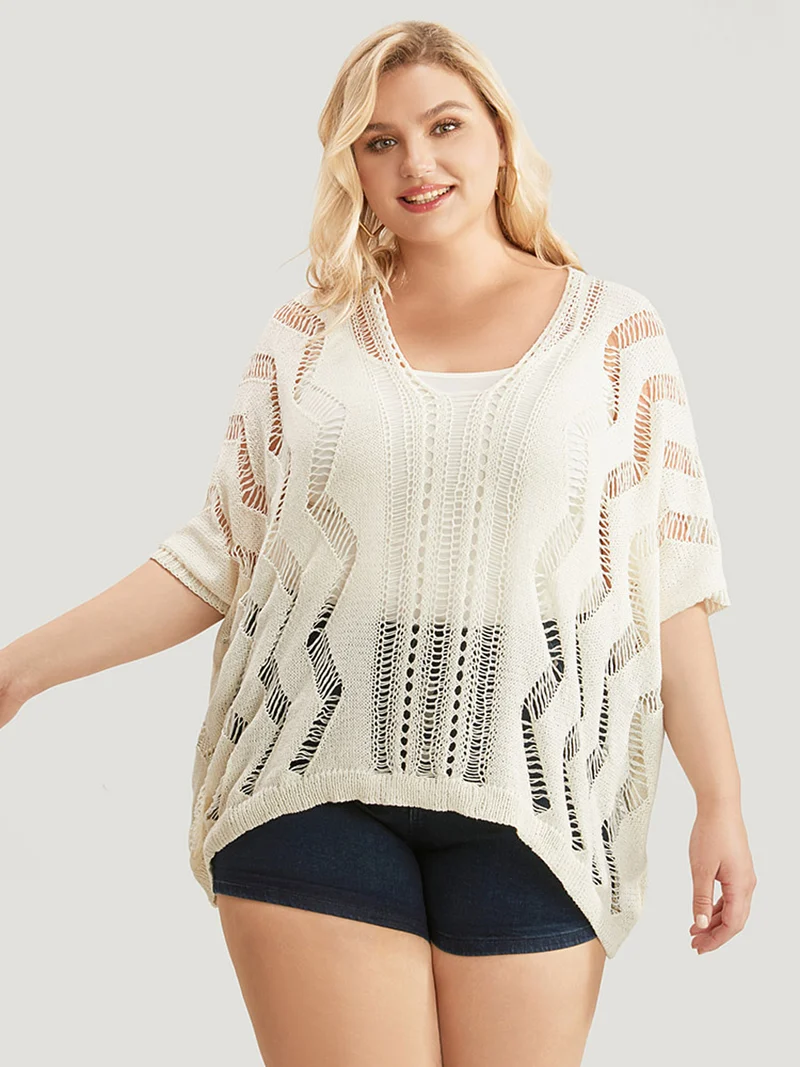 Ripple Print Hollow Out V Neck Eyelet Knit Top