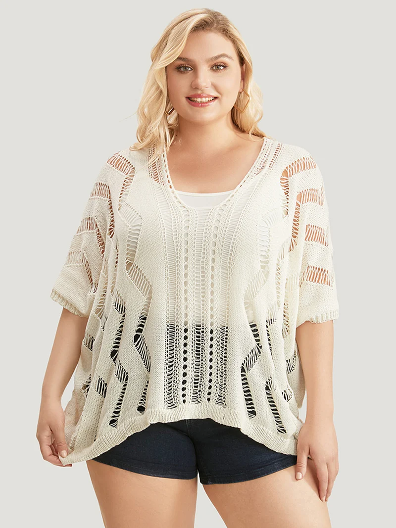 Ripple Print Hollow Out V Neck Eyelet Knit Top