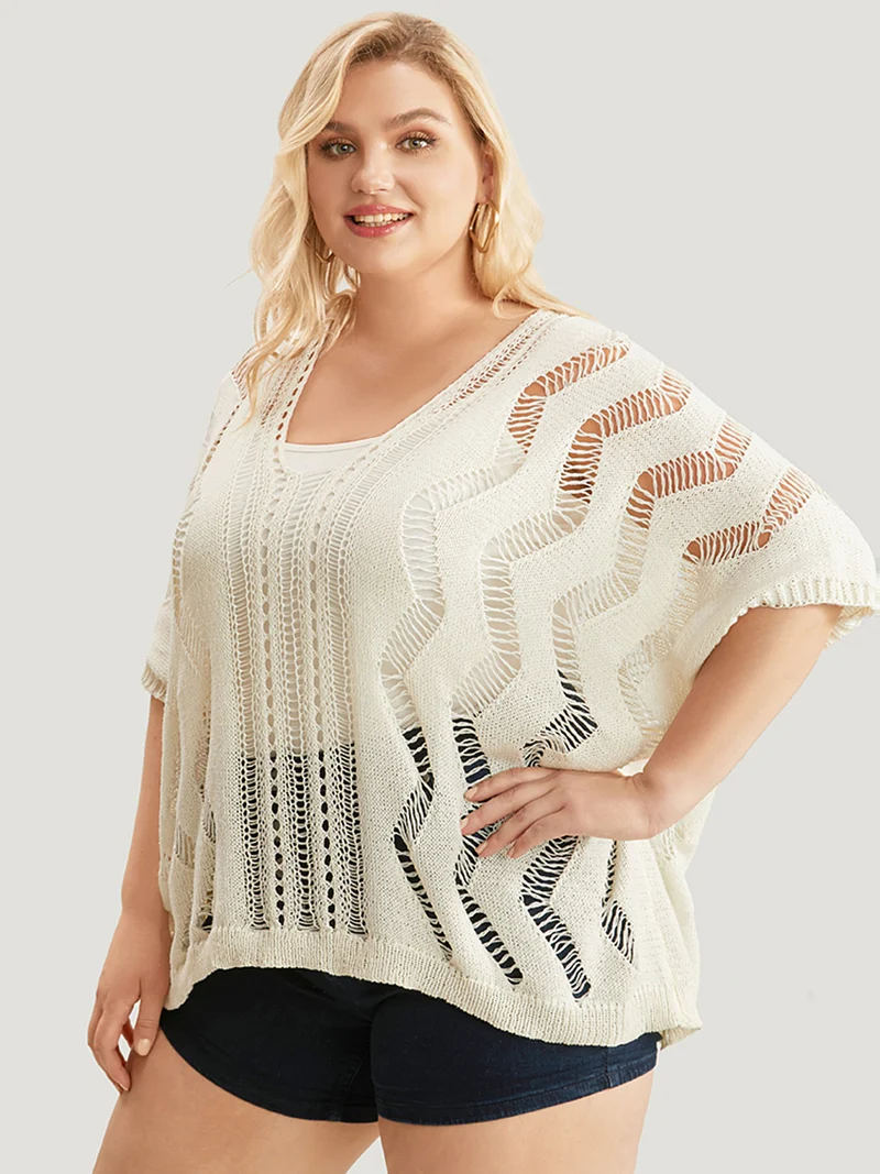 Ripple Print Hollow Out V Neck Eyelet Knit Top