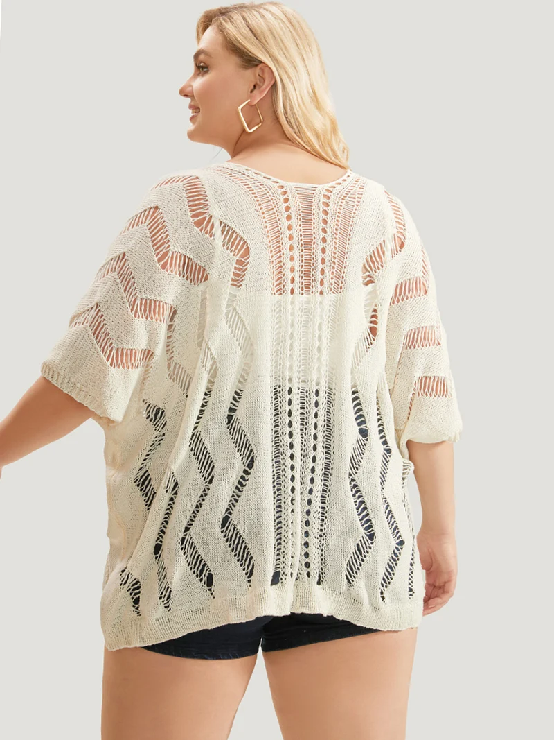 Ripple Print Hollow Out V Neck Eyelet Knit Top