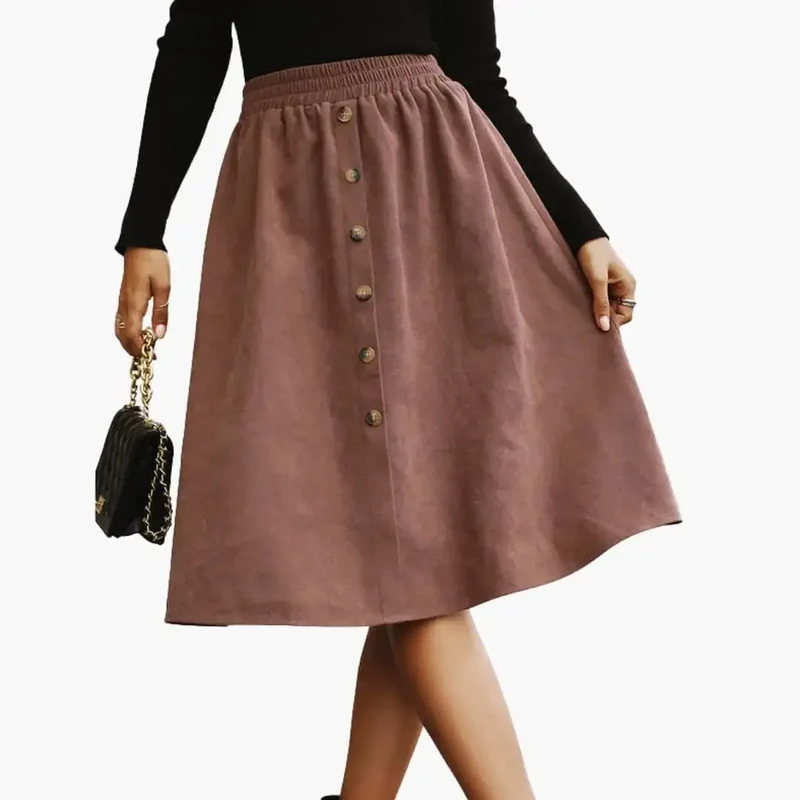 Women's Woven Midi Skirt | Stylish Straight Cut with Button Details