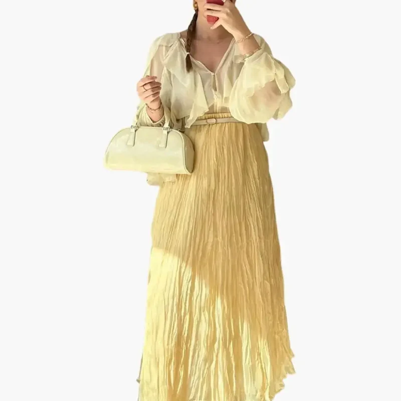 Women's Woven Pleated Maxi Skirt | Elegant Structured Long Hemline