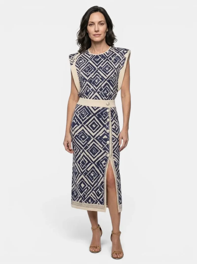 Women's Polka Dot Print Two Piece Set | Tailored Sleeveless Top and High-Waist Midi Skirt