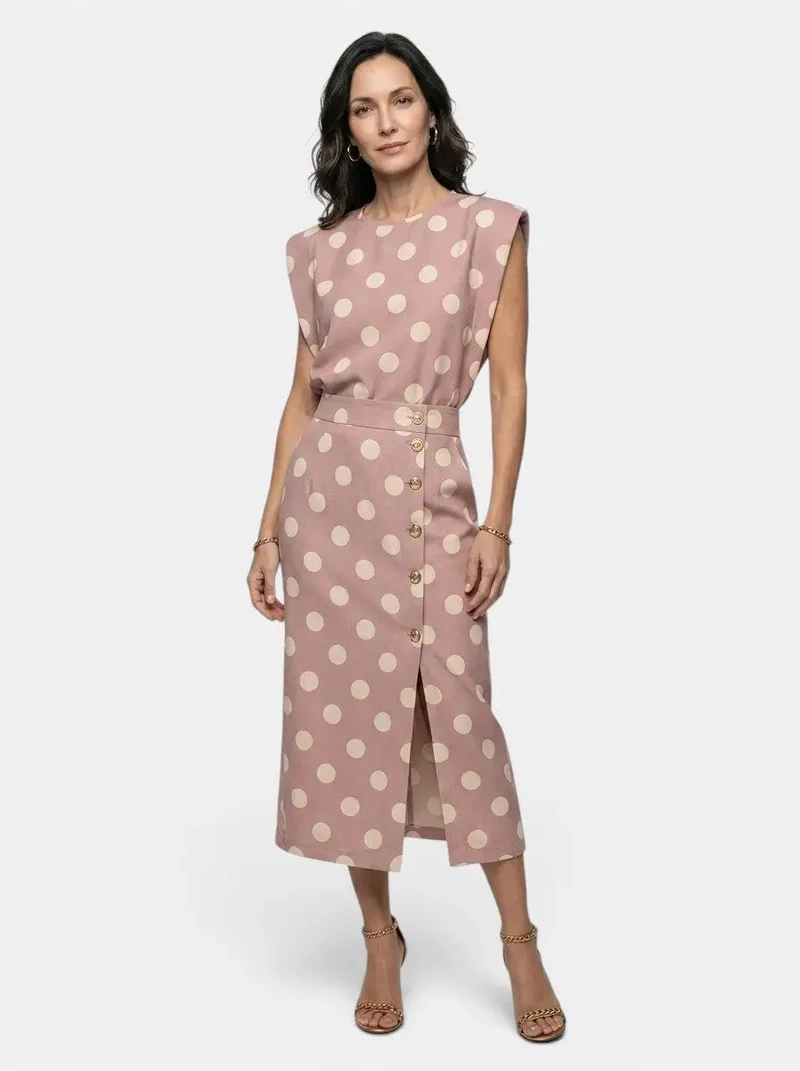 Women's Polka Dot Print Two Piece Set | Tailored Sleeveless Top and High-Waist Midi Skirt