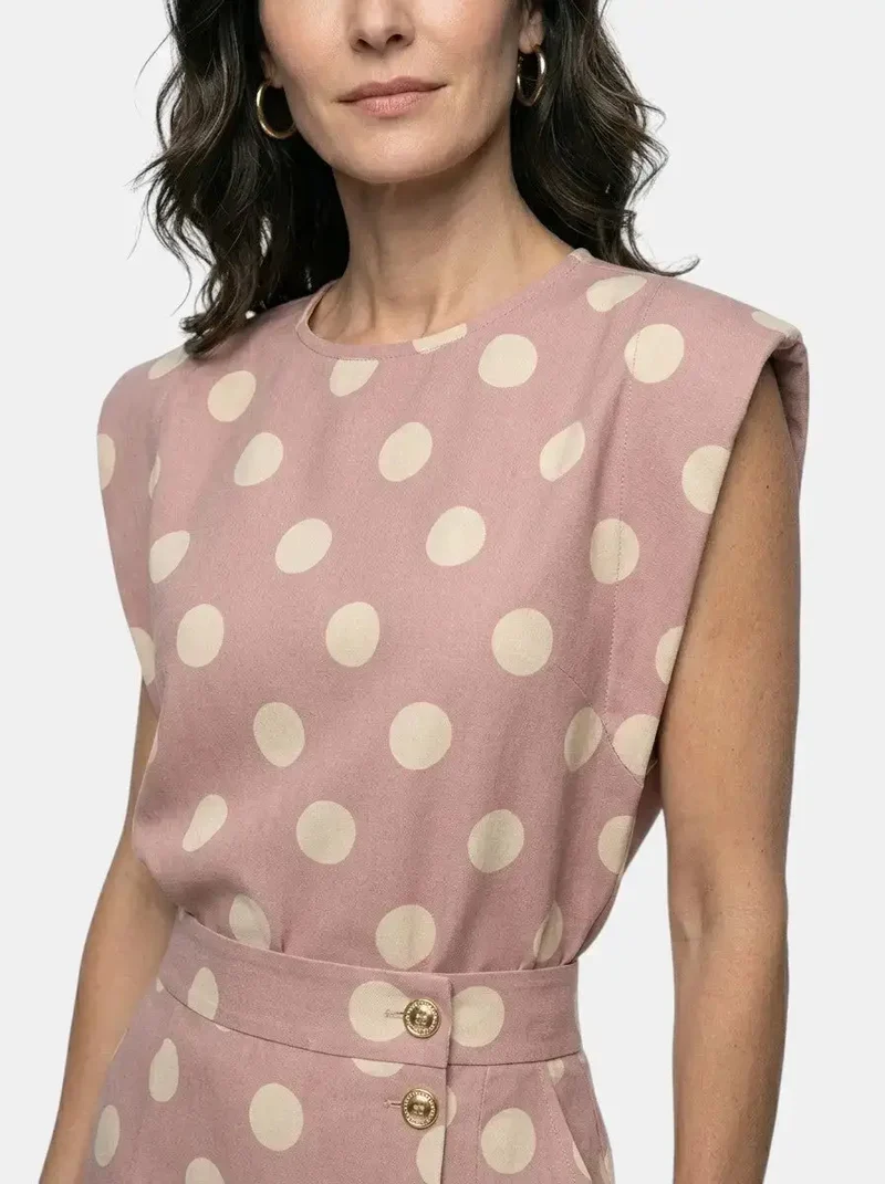 Women's Polka Dot Print Two Piece Set | Tailored Sleeveless Top and High-Waist Midi Skirt