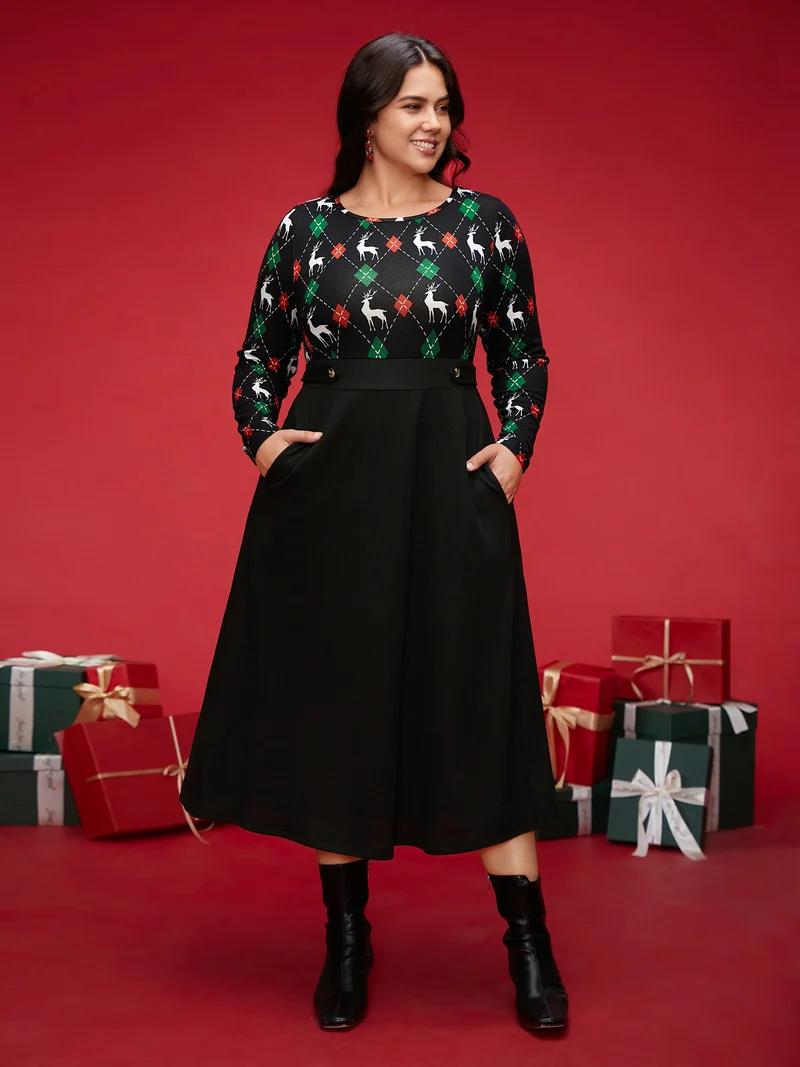 Reindeer Printed Fit-and-Flare Midi Dress