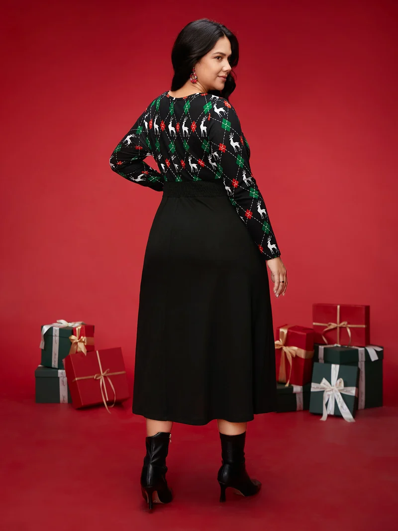 Reindeer Printed Fit-and-Flare Midi Dress