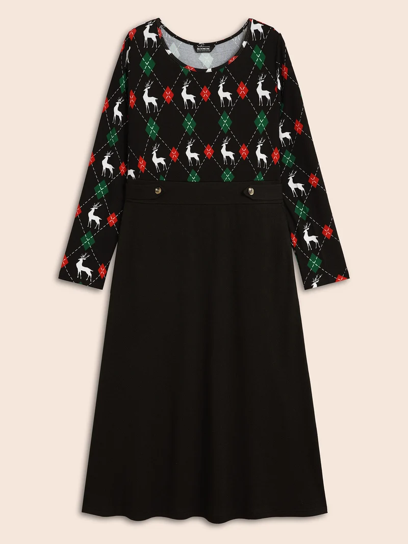 Reindeer Printed Fit-and-Flare Midi Dress