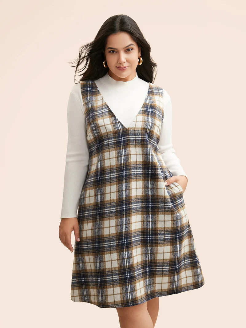 Plaid V Neck Sleeveless Dress