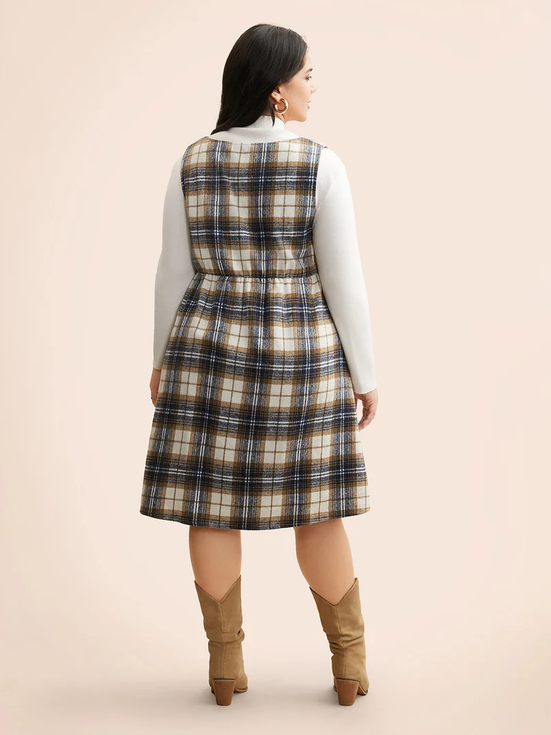 Plaid V Neck Sleeveless Dress
