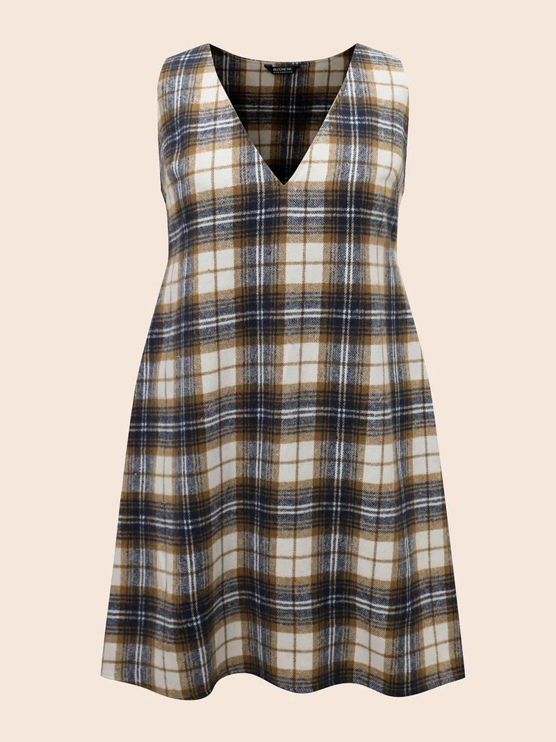 Plaid V Neck Sleeveless Dress