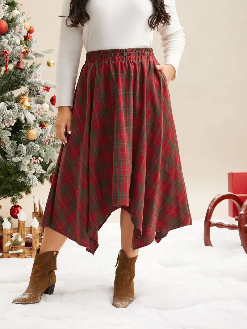 Plaid Pattern Asymmetrical Hemline Midi Skirt