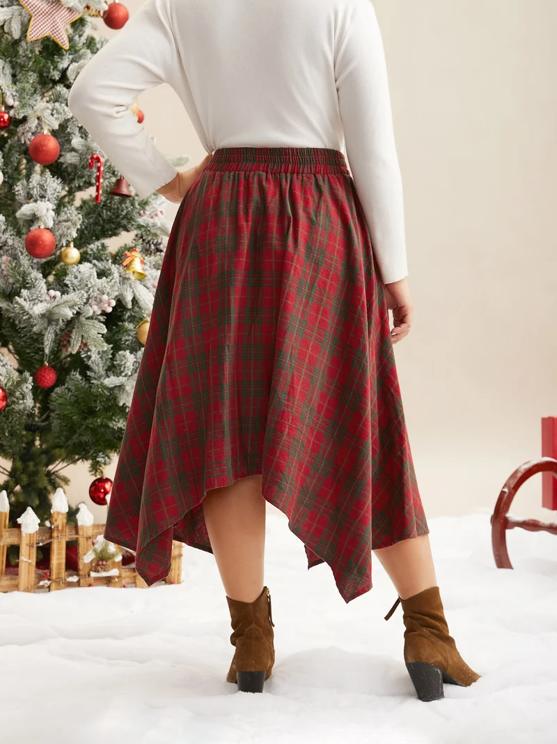 Plaid Pattern Asymmetrical Hemline Midi Skirt